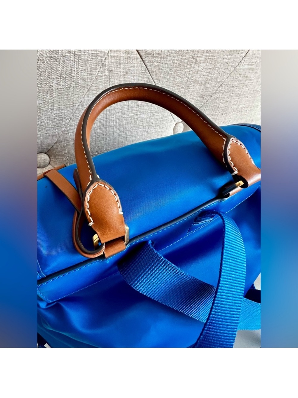 Tory Burch Perry Blue Nylon Backpack Leather Trim Gold Hardware NWOT - Picture 11 of 16